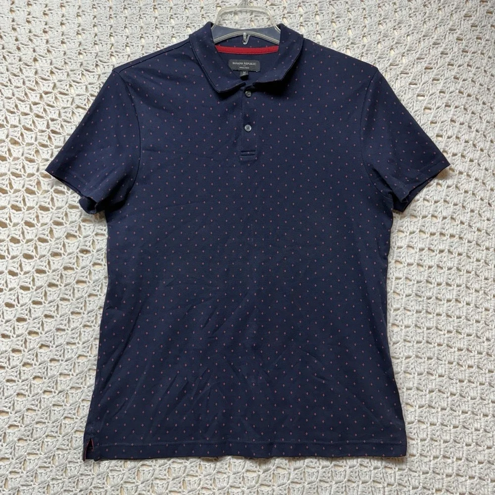 Banana Republic Dress Polo Shirt Men Sz M Navy Blue Red Polka Dot Collar Casual